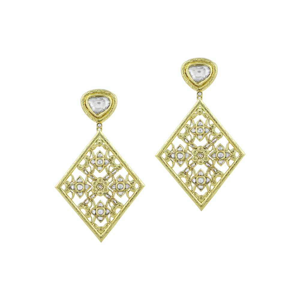 Polki Earrings with Gold Lattice Design